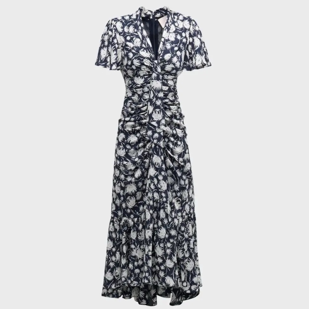 Cinq à Sept Floral Peeta Dress 2 Blue White midi ruched draped v-neck, NWT